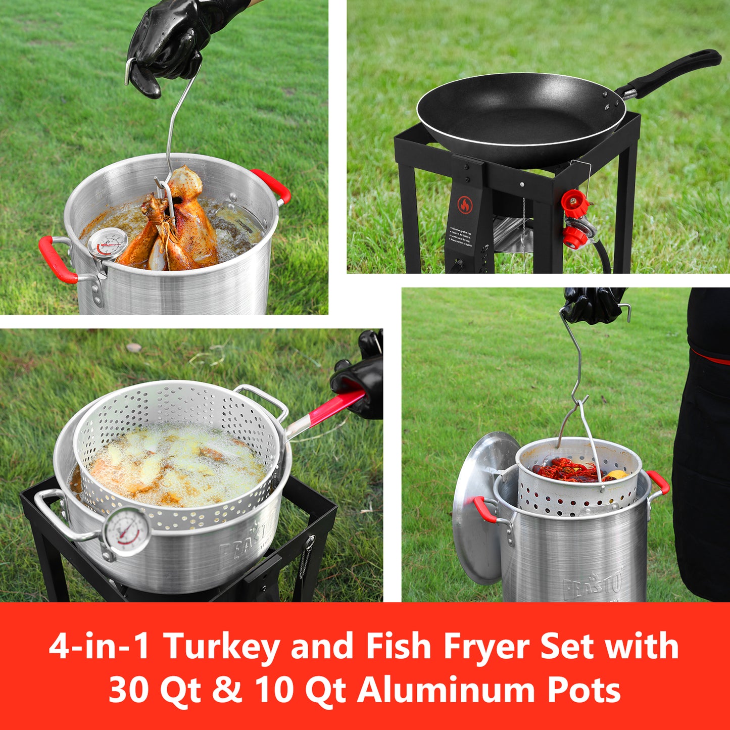 FEASTO 4 in 1 Turkey and Fish Fryer Set with 30 Qt & 10 Qt Aluminum Pots Electronic Ignition Outdoor Propane Gas Cooker with Adjustable 0-10 PSI Regulator Non-Assembly Frame Stand